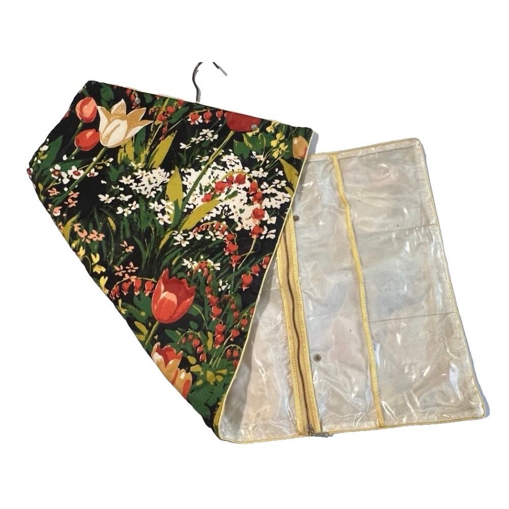 VIntage Travel Jewely Case Storage Floral Fold Up Hanger Top Zippered Pockets